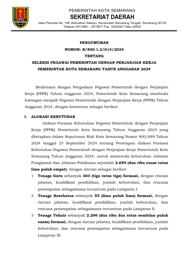 Seleksi Pegawai Pemerintah dengan Perjanjian Kerja Pemerintah Kota Semarang Tahun Anggaran 2024